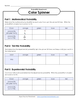 Color Spinner Experiment (Intermediate) Probability Worksheet