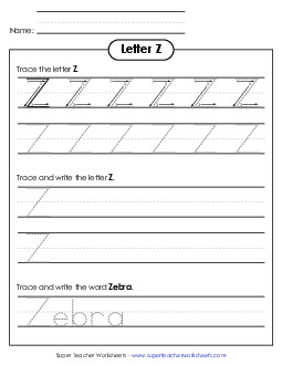 Uppercase Z (Tracing Dotted Line) Printing Worksheet