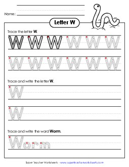 Uppercase W (Outlined Letters) Printing Handwriting Worksheet