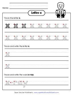 Lowercase x (Outlined Letters) Printing Handwriting Worksheet