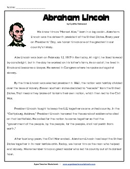 Abraham Lincoln Article Reading Comprehension Worksheet