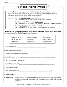 Silly Prepositional Phrases Prepositions Worksheet