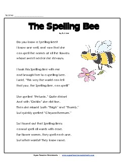 The Spelling Bee 5th Grade Reading Comprehension Worksheet