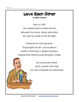 Love Each Other (Martin Luther King Jr. Day) Poems Worksheet