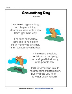 Groundhog\'s Special Day (Groundhog Day) Poems Worksheet