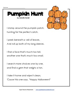 Pumpkin Hunt (Halloween) 3rd Grade Reading Comprehension Worksheet