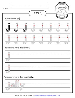 Lowercase j (Outlined Letters) Printing Handwriting Worksheet