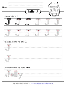 Uppercase J (Outlined Letters) Printing Handwriting Worksheet