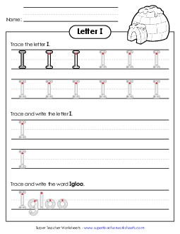 Uppercase I (Outlined Letters) Printing Handwriting Worksheet