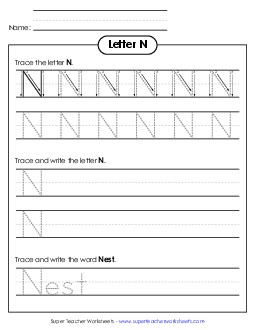 Uppercase N (Tracing Dotted Line) Printing Worksheet