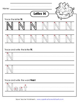 Uppercase N (Outlined Letters) Printing Handwriting Worksheet