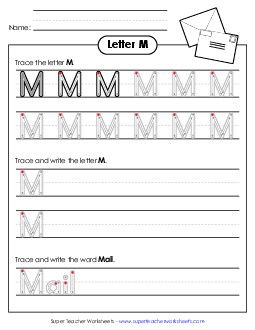 Uppercase M (Outlined Letters) Printing Handwriting Worksheet