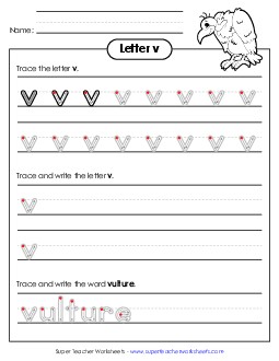 Lowercase v (Outlined Letters) Printing Handwriting Worksheet