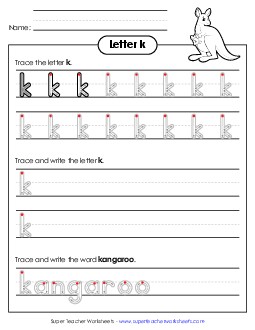 Lowercase k (Outlined Letters) Printing Handwriting Worksheet