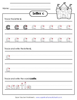 Lowercase c (Outlined Letters) Printing Handwriting Worksheet