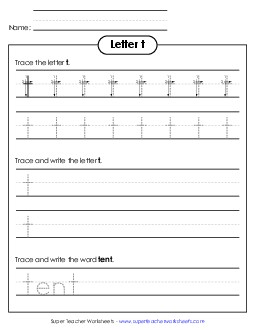 Lowercase t (Tracing Dotted Line) Printing Worksheet