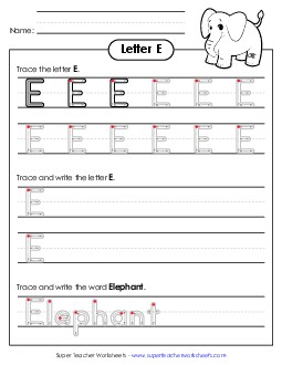 Uppercase E (Outlined Letters) Printing Handwriting Worksheet