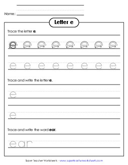 Lowercase e (Tracing Dotted Line) Printing Worksheet