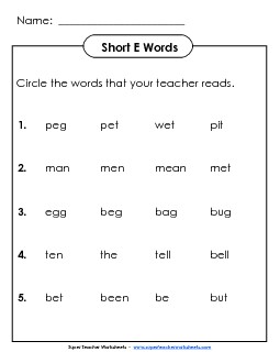 Listen and Circle: Short E Free Phonics Worksheet