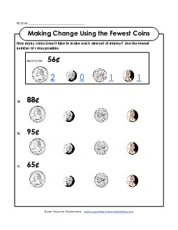 Fewest Coins 2 Counting Money Worksheet