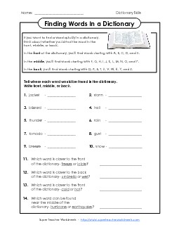 Front, Middle, Back Dictionary Skills Worksheet