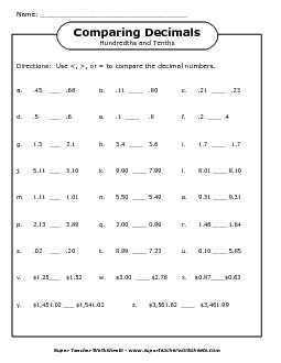 Compare Decimals #2 (Tenths and Hundredths) Worksheet