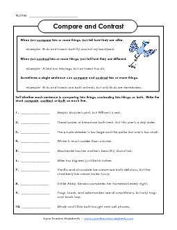 Compare and Contrast Sentences Compare Contrast Worksheet