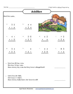 2-Digit Addition Problems (No Regrouping) Free Worksheet