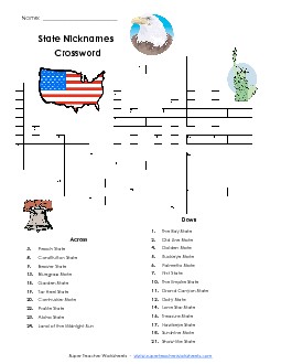 State Nicknames - Crossword  States Worksheet