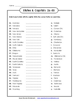 States & Capitals #26-50 Free Worksheet