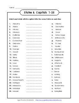 States & Capitals #1 - 25 Free Worksheet