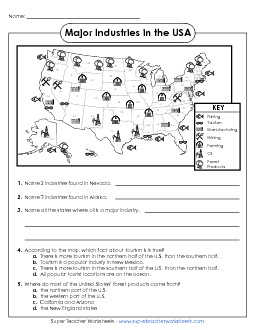 Industry Map of the USA Maps Worksheet