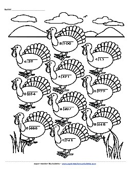 Turkey Division - 1 and 2-digit Quotients Worksheet