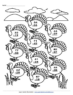 Subtraction Turkey Math Picture Worksheet