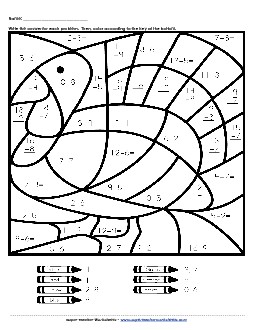 Basic Subtraction Mystery Picture - Turkey Worksheet