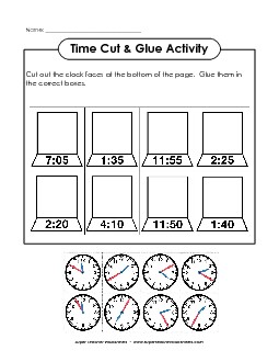 Cut & Glue Clocks Time Worksheet