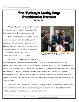 Presidential Turkey Pardons (Non-Fiction) 4th Grade Reading Comprehension Worksheet