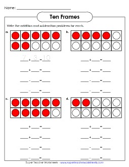 Ten-Frame Fact Families (Up to 10) Ten Frames Worksheet