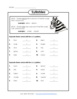 Syllables VCV Worksheet