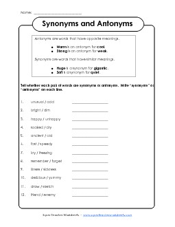 Synonyms and Antonyms Synonyms Antonyms Worksheet