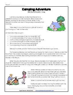 Math Story - Camping  (Grades 4-5) Word Problems Worksheet