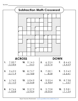 Subtraction Crossword (4-Digit) Worksheet