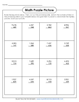 4-Digit: Astronaut Picture Puzzle Subtraction Worksheet