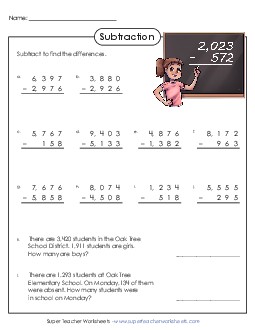 4-Digit Subtraction Free Worksheet