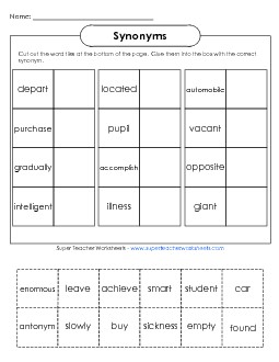 Cut & Glue Synonyms (Intermediate) Synonyms Antonyms Worksheet