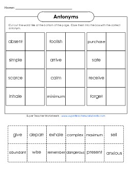 Cut & Glue Antonyms (Intermediate) Synonyms Antonyms Worksheet