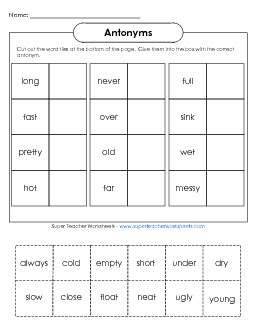 Cut & Glue Antonyms (Basic) Free Synonyms Antonyms Worksheet