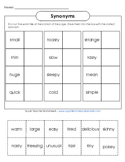 Cut & Glue Synonyms (Basic) Free Synonyms Antonyms Worksheet