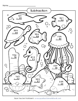 Sea Animal Subtraction Picture ( 3-Digit / Regrouping) Worksheet