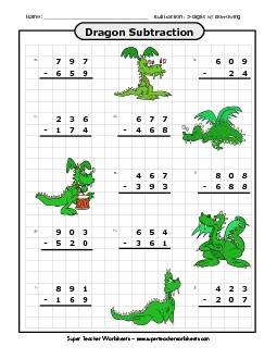 Dragon Subtraction (3-digits / Regrouping) Worksheet